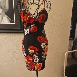 Privy Black Dress with Red Floral Design